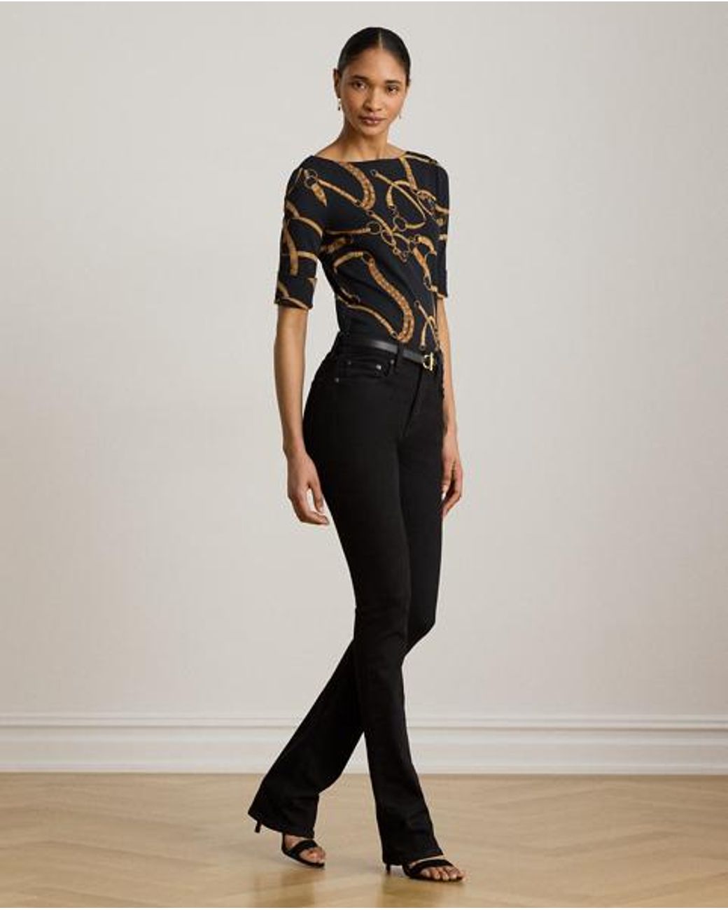 Ralph Lauren Black Belting-Print Cotton Boatneck T-Shirt