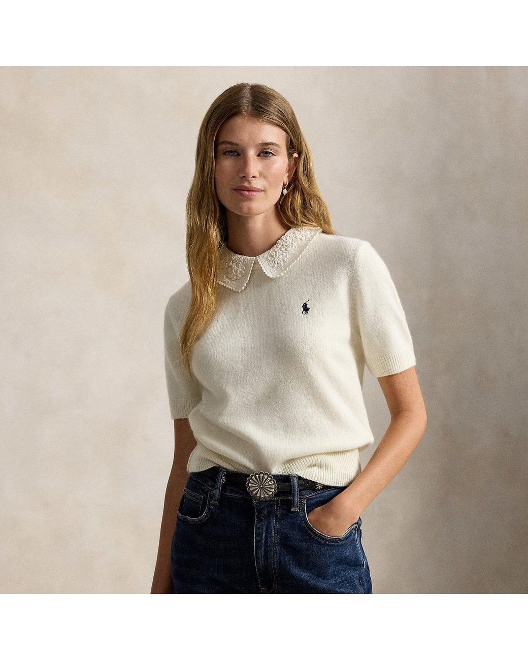 Polo Ralph Lauren Natural Lace-Collar Short-Sleeve Jumper