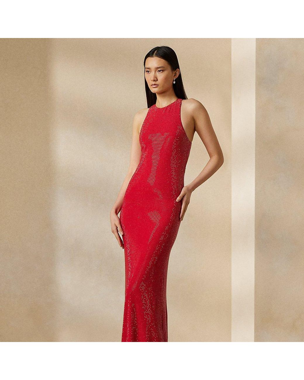 Ralph Lauren Collection Ralph Lauren Claeton Embellished Scuba Evening Dress  in Red | Lyst
