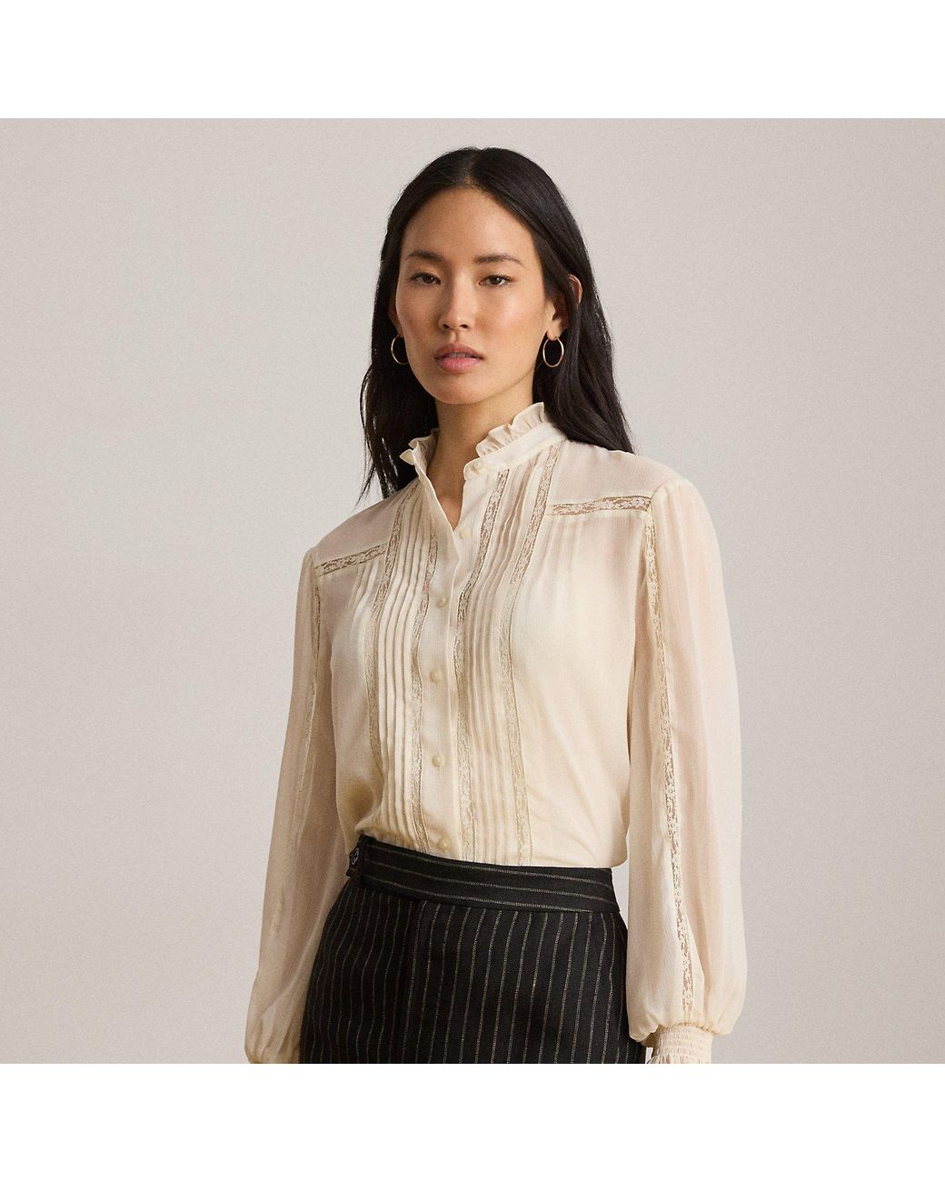 Ralph Lauren Natural Lace-Trim Crinkle Georgette Blouse