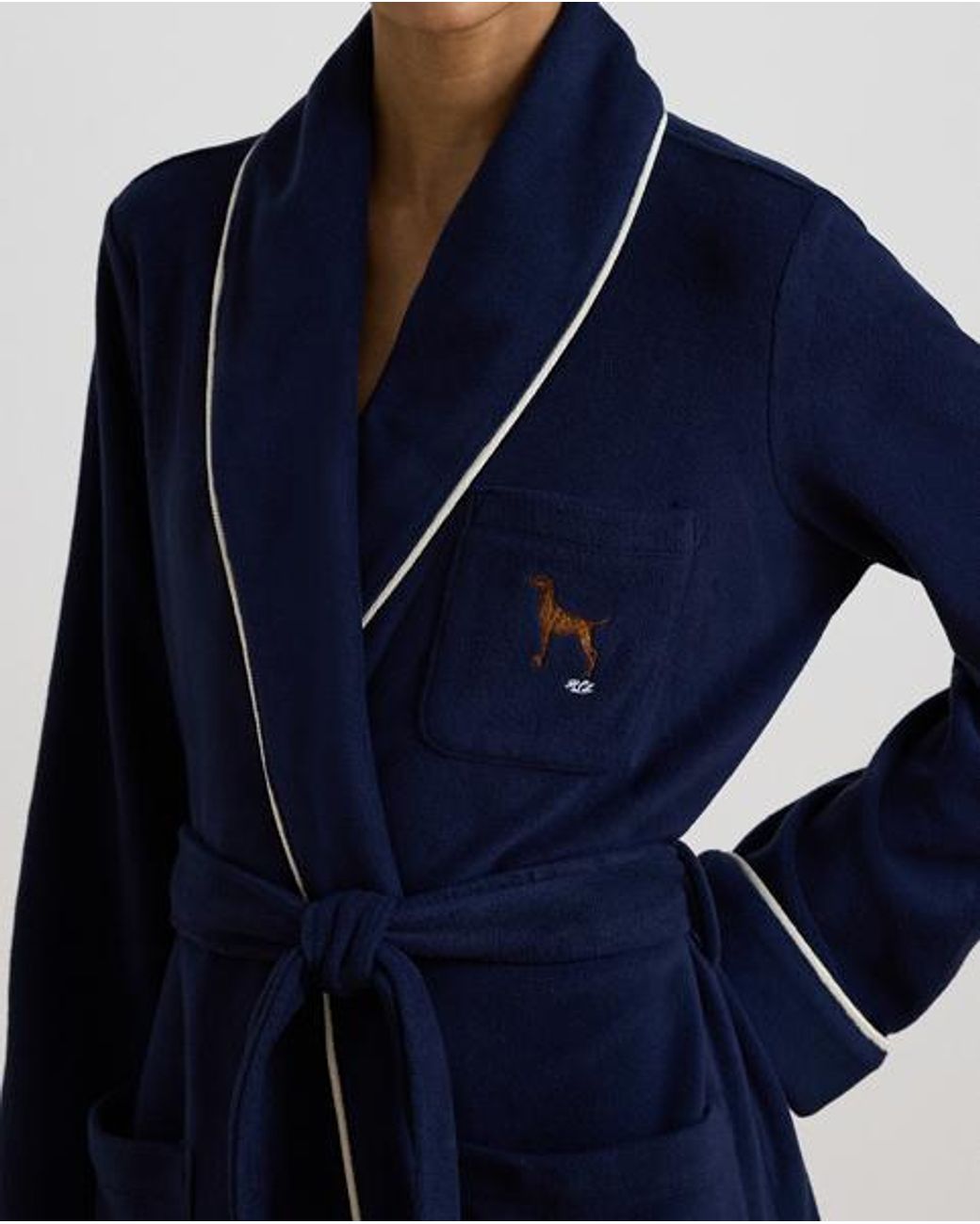 Ralph Lauren Blue Dog-Embroidered Fleece Shawl-Collar Robe