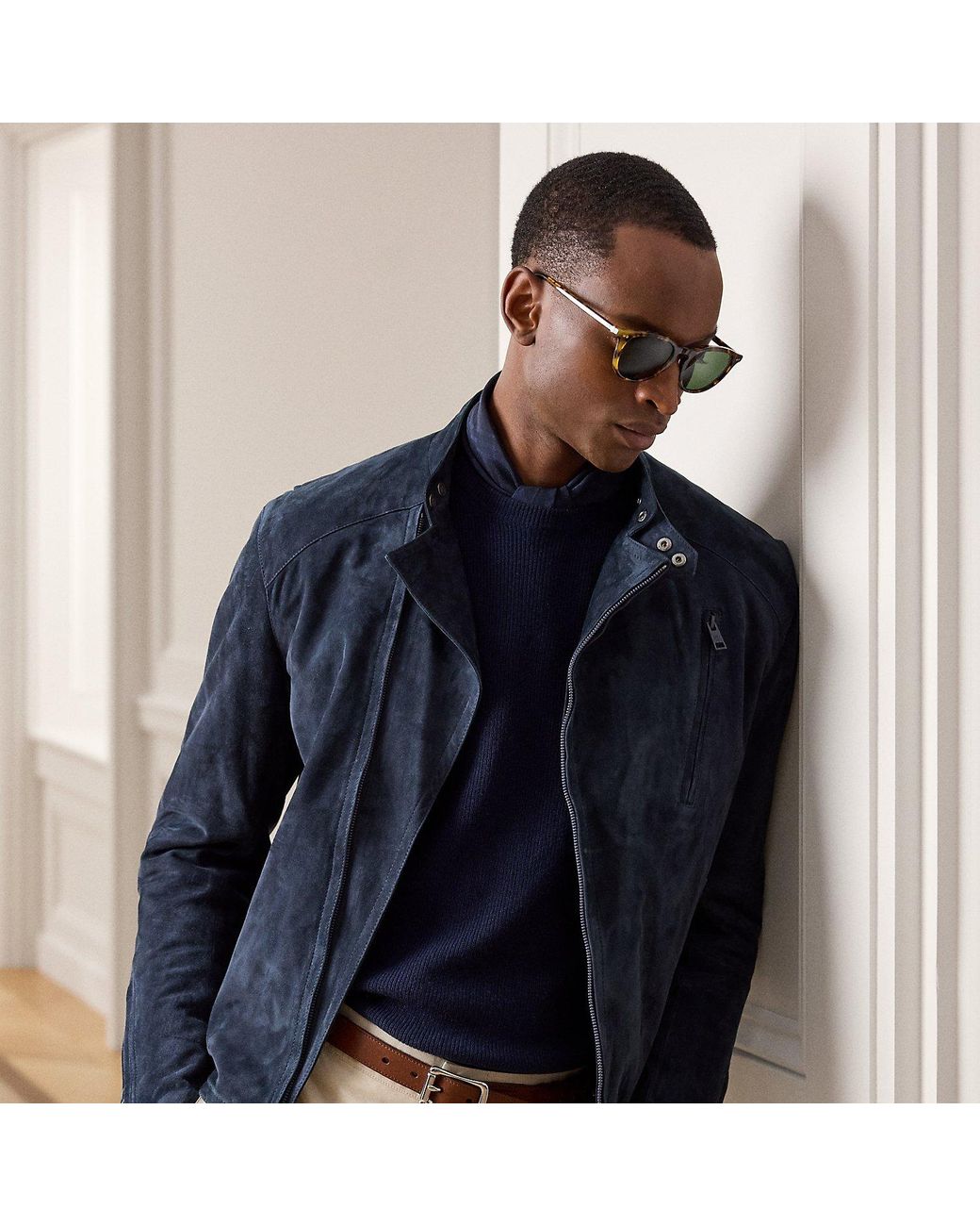 Ralph Lauren Blue Suede Moto Jacket for men