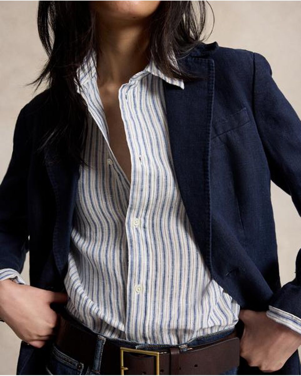 Polo Ralph Lauren Blue Wide Cropped Gingham Linen Shirt