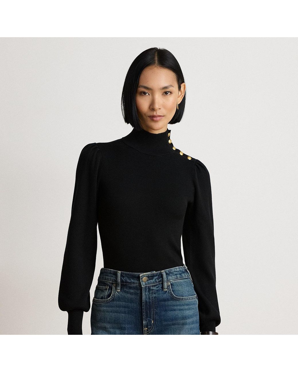 Ralph Lauren Black Button-Trim Mockneck Jumper