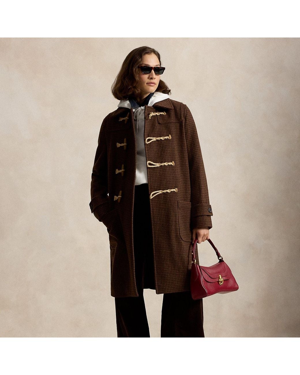 Polo Ralph Lauren Brown Houndstooth Wool Toggle Coat