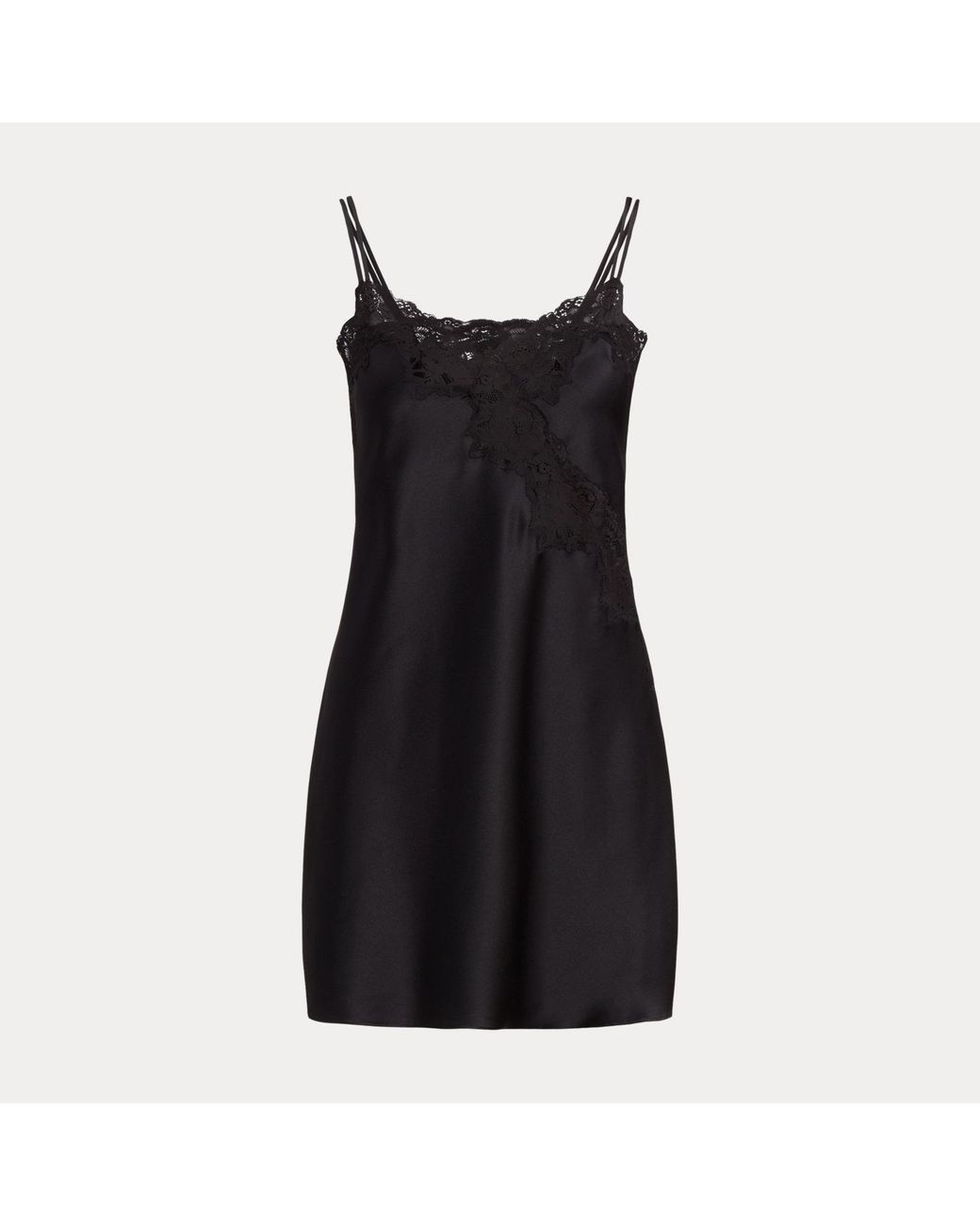 Ralph Lauren Black Double-Strap Lace-Trim Satin Chemise