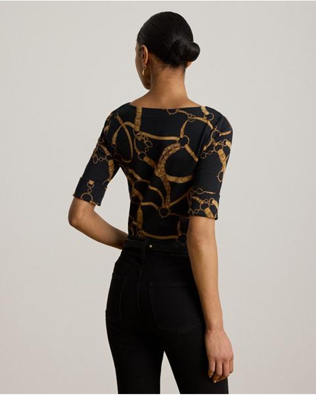 Ralph Lauren Black Belting-Print Cotton Boatneck T-Shirt