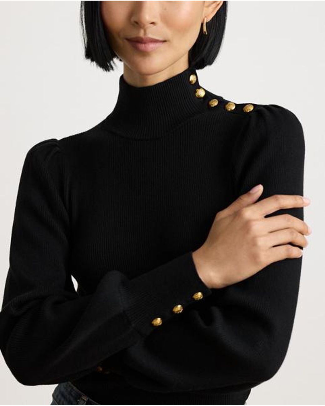Ralph Lauren Black Button-Trim Mockneck Jumper
