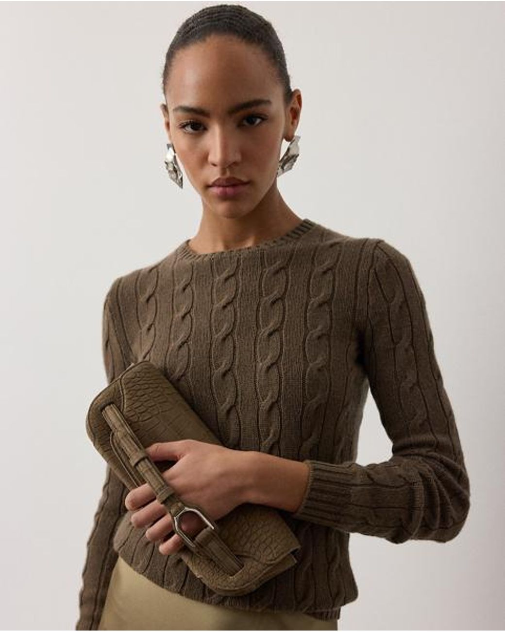 Ralph Lauren Brown Cable-Knit Cashmere Crewneck Jumper