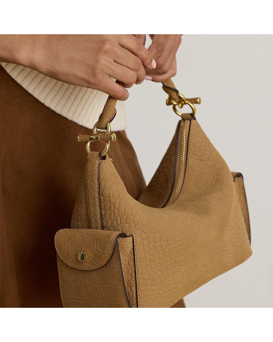 Ralph Lauren Brown Small Blaike Croc-Embossed Shoulder Bag
