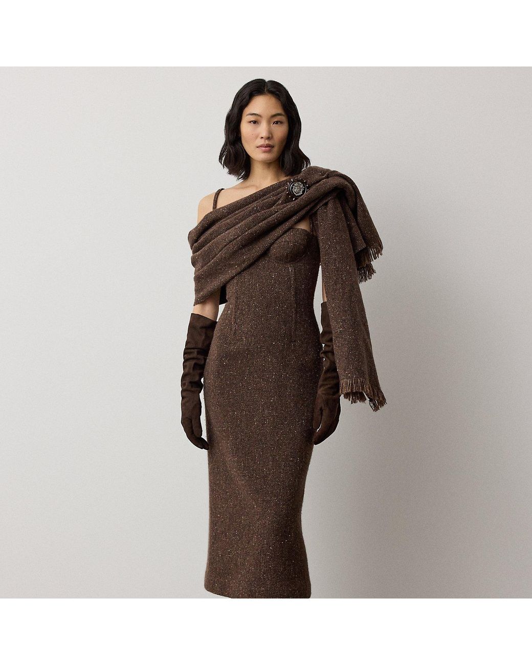 Ralph Lauren Brown Jocey Wool-Blend Donegal Tweed Day Dress
