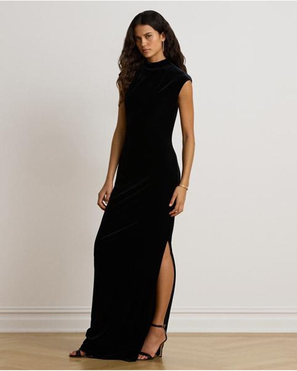 Ralph Lauren Black Stretch Velvet Mockneck Gown