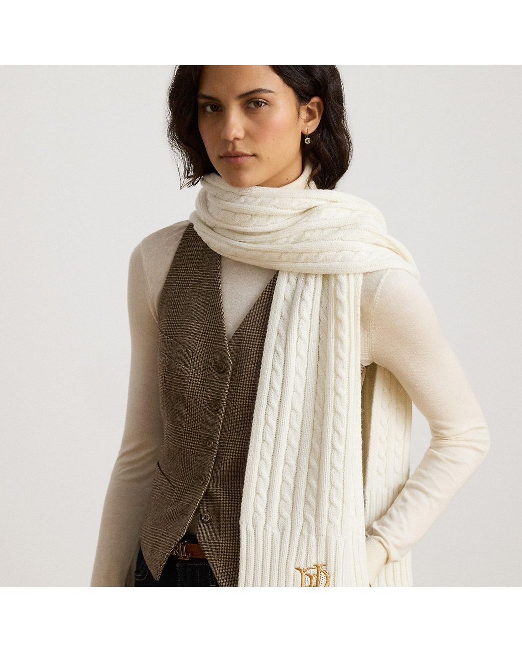 Ralph Lauren Natural Embroidered-Logo Cable-Knit Scarf