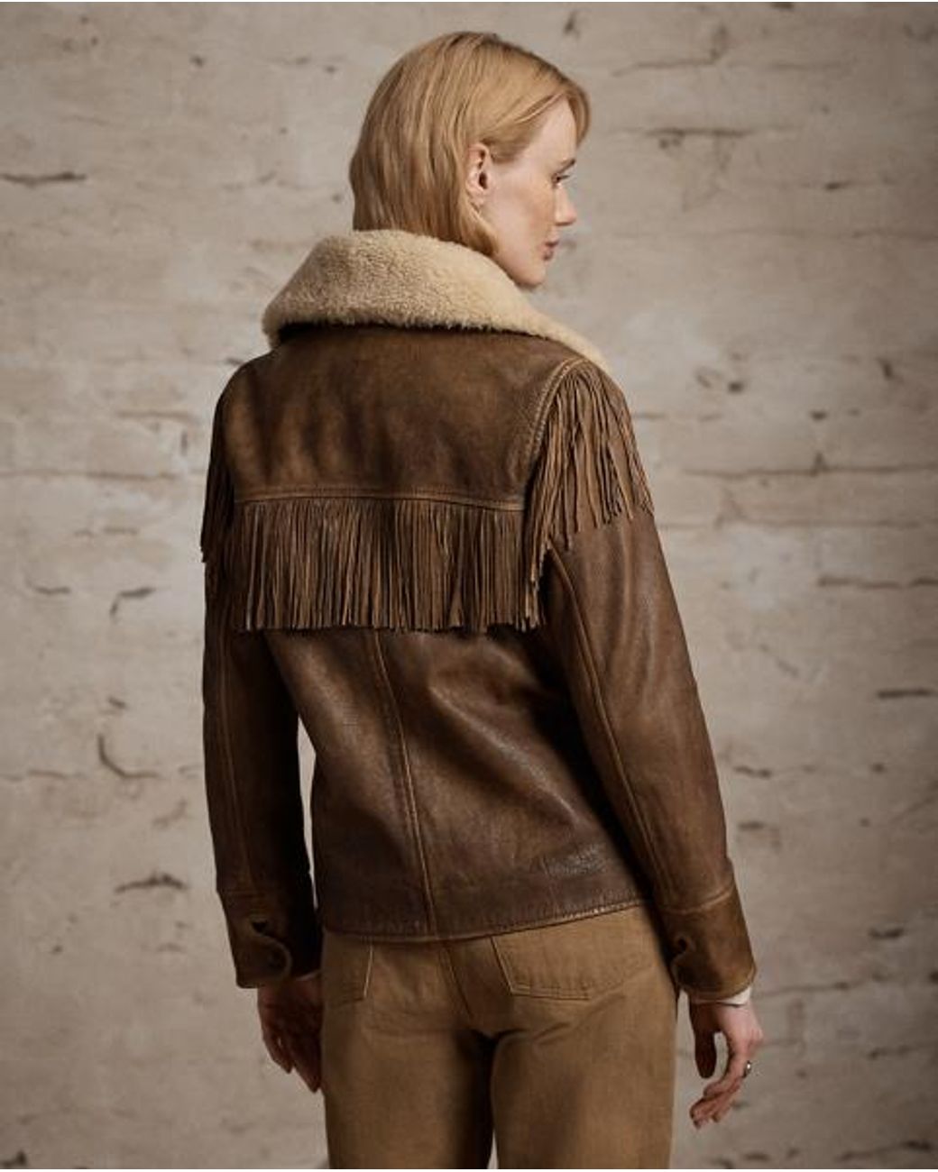 RRL Brown Shearling-Collar Fringe Leather Jacket