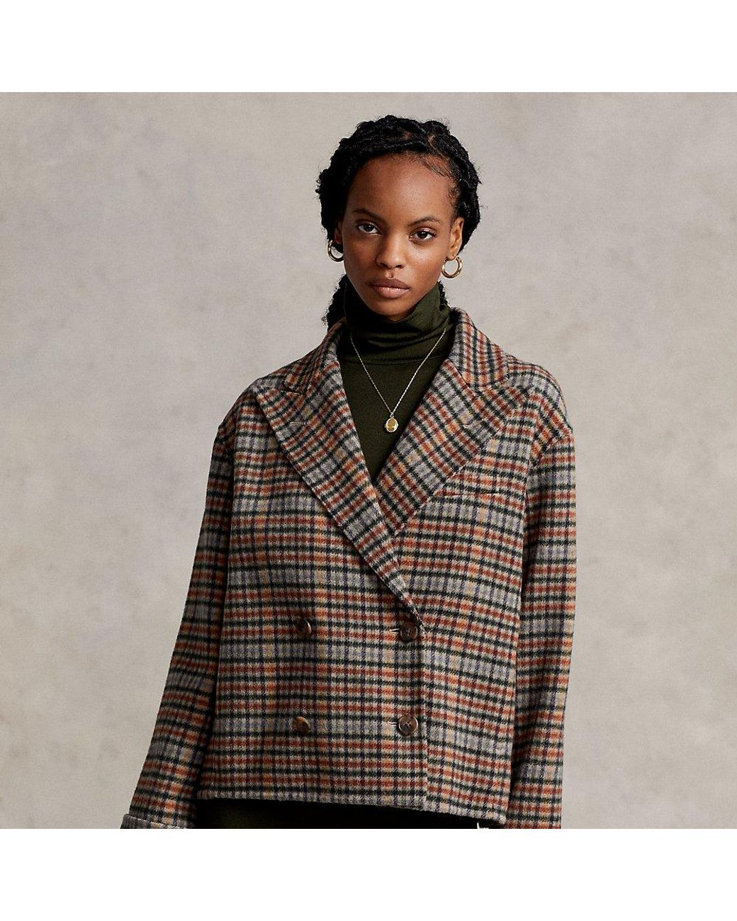 Lauren Ralph Lauren Plaid Belted Fringe Wool Blend Jacket