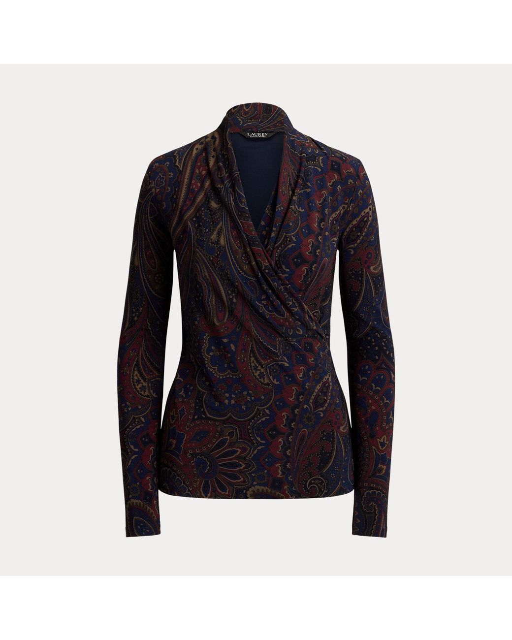 Ralph Lauren Black Paisley Stretch Jersey Surplice Top