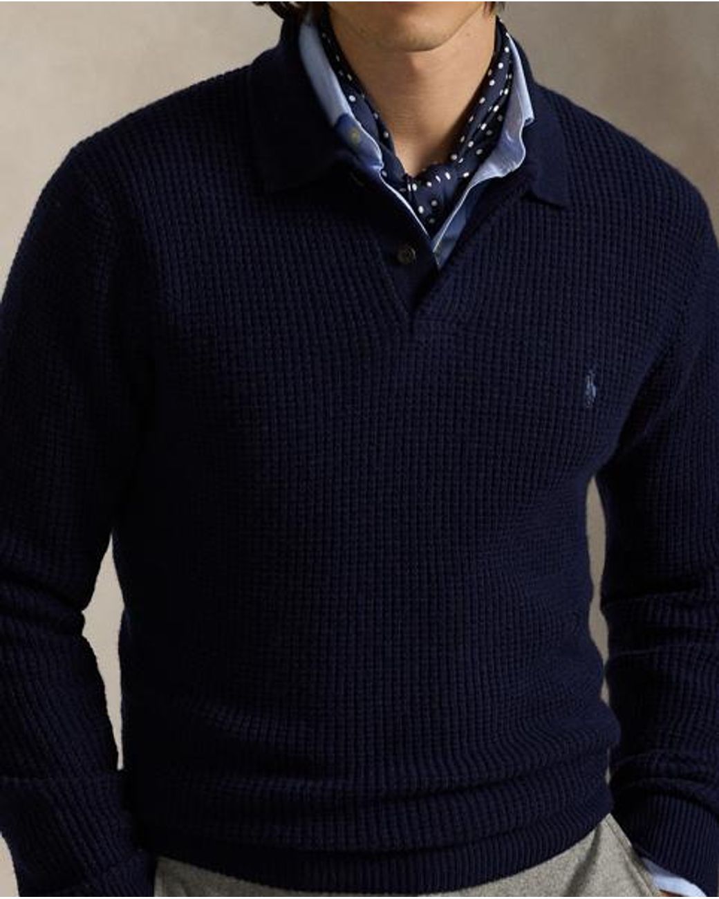 Polo Ralph Lauren Blue Textured Wool-Cotton Polo-Collar Jumper for men