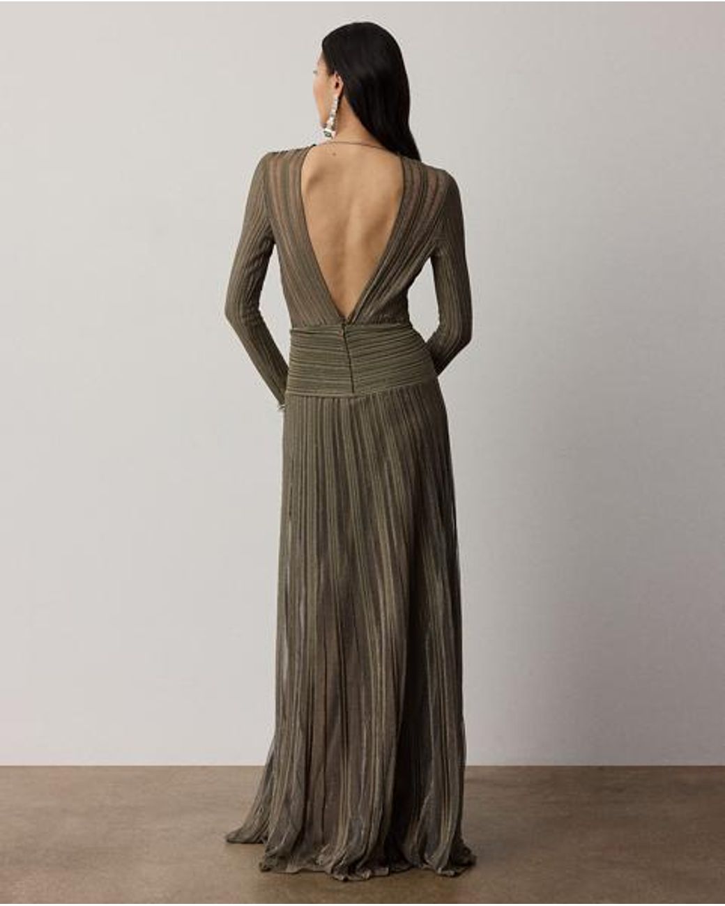 Ralph Lauren Green Dabney Pleated Metallic Evening Dress