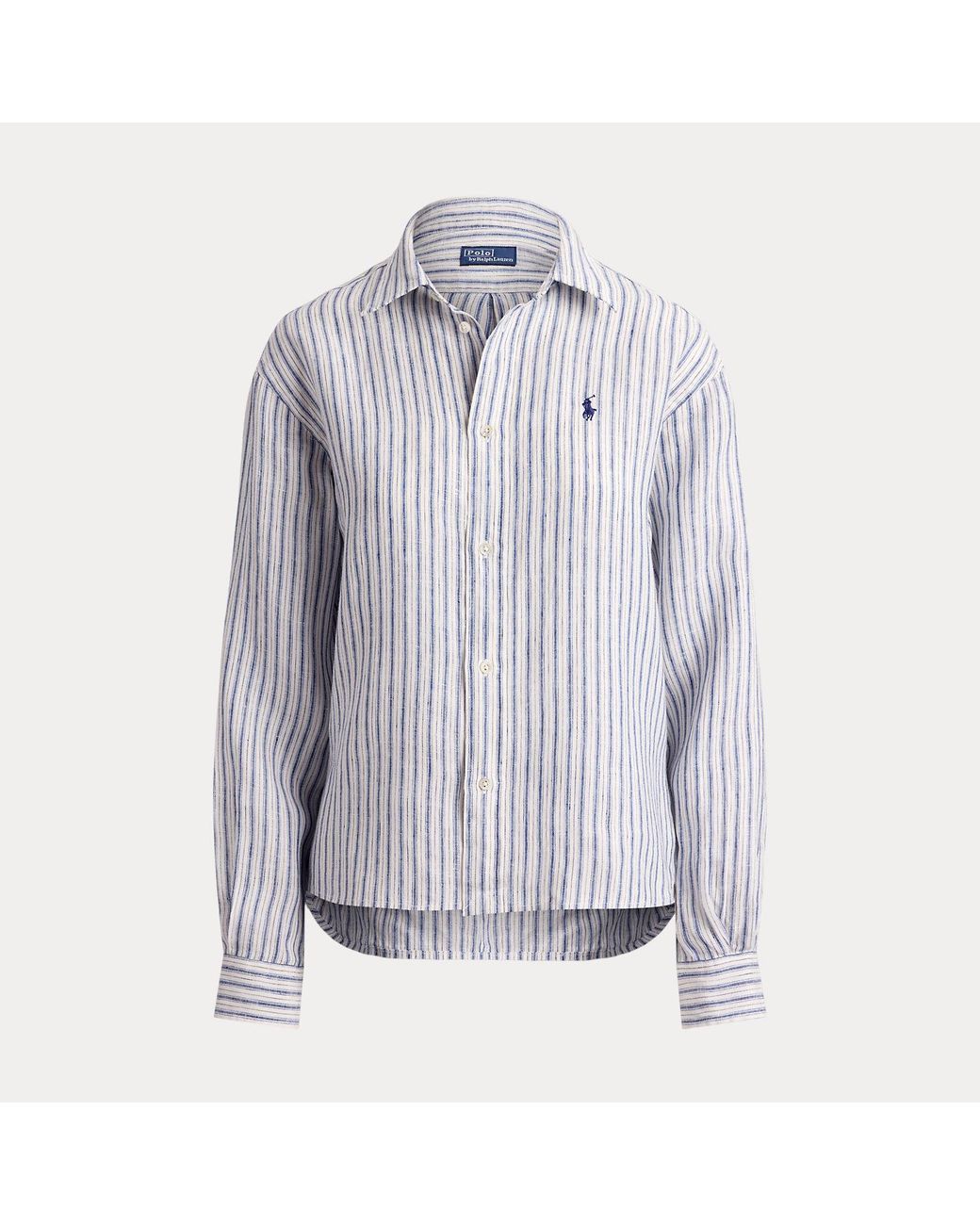 Polo Ralph Lauren Blue Wide Cropped Gingham Linen Shirt