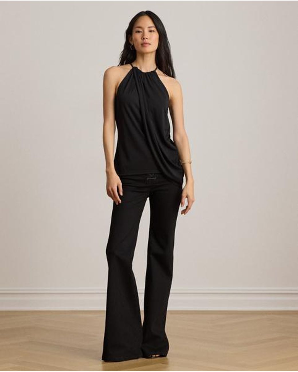 Ralph Lauren Black Pleated Stretch Jersey Halter Top
