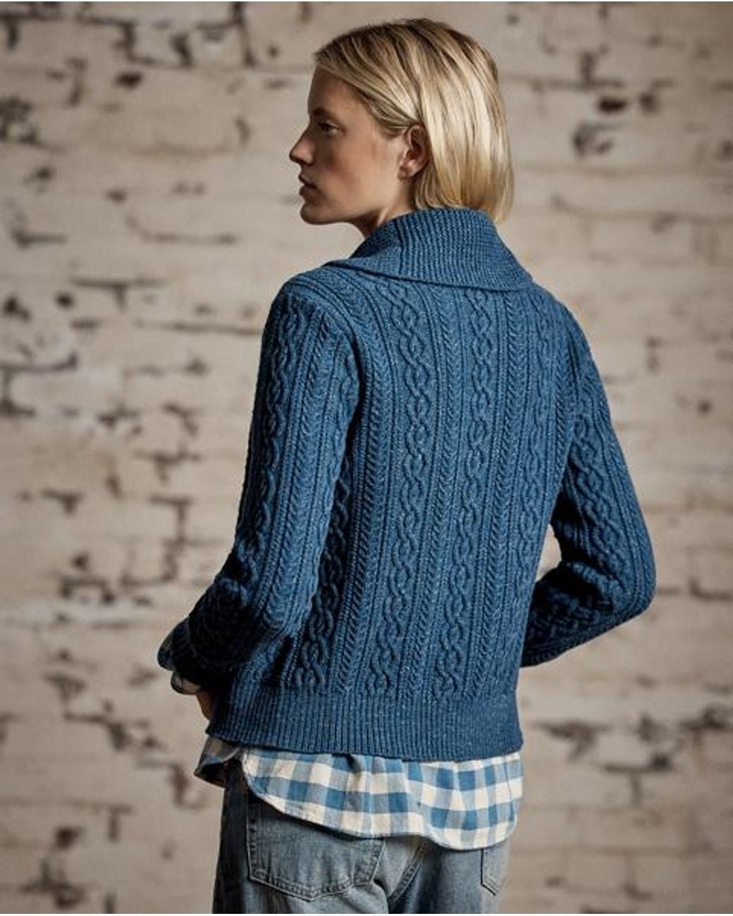 RRL Blue Cable Cotton-Wool Shawl Cardigan
