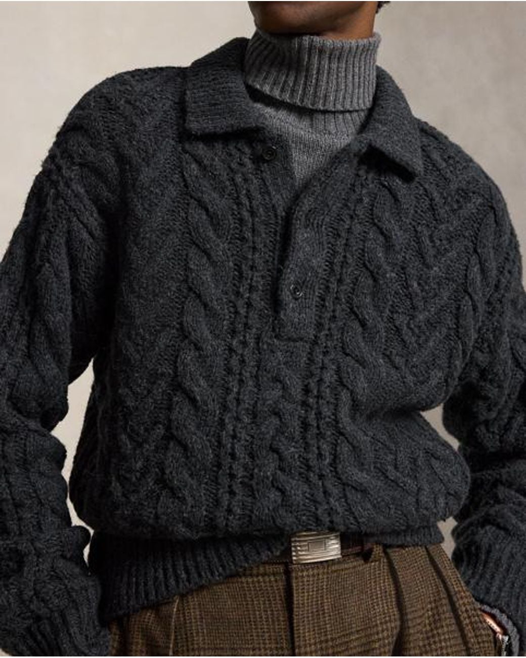Polo Ralph Lauren Black Relaxed Aran-Knit Polo-Collar Jumper for men