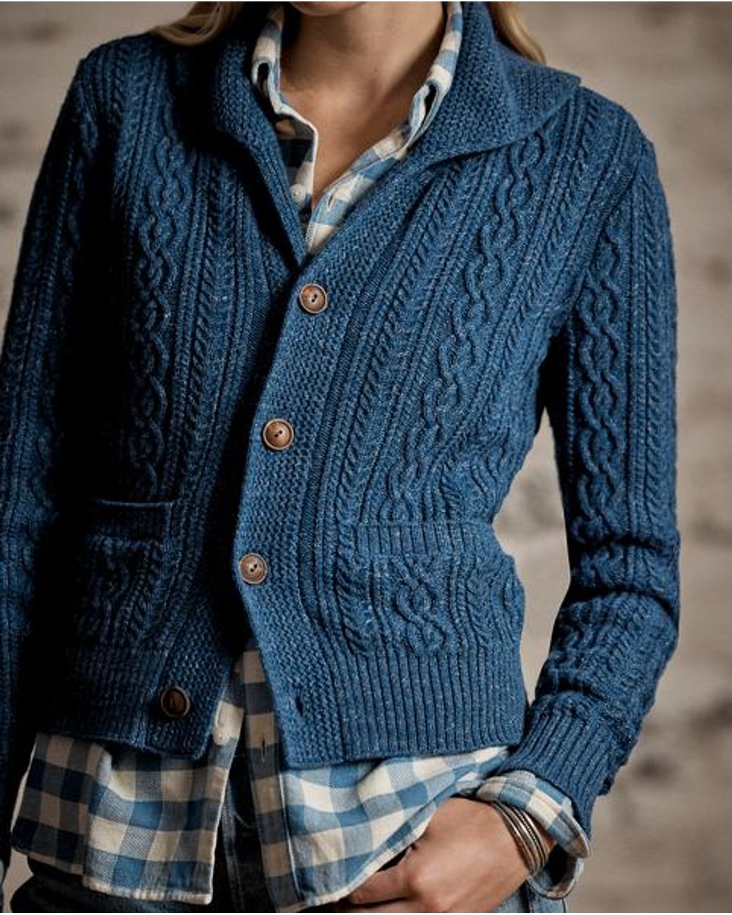 RRL Blue Cable Cotton-Wool Shawl Cardigan