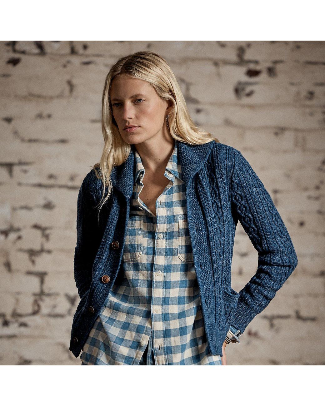 RRL Blue Cable Cotton-Wool Shawl Cardigan