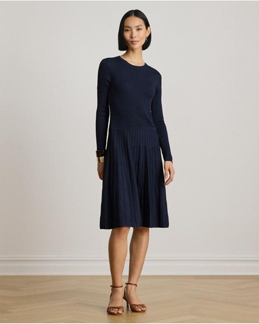 Ralph Lauren Blue Mini-Cable & Rib-Knit Long-Sleeve Dress