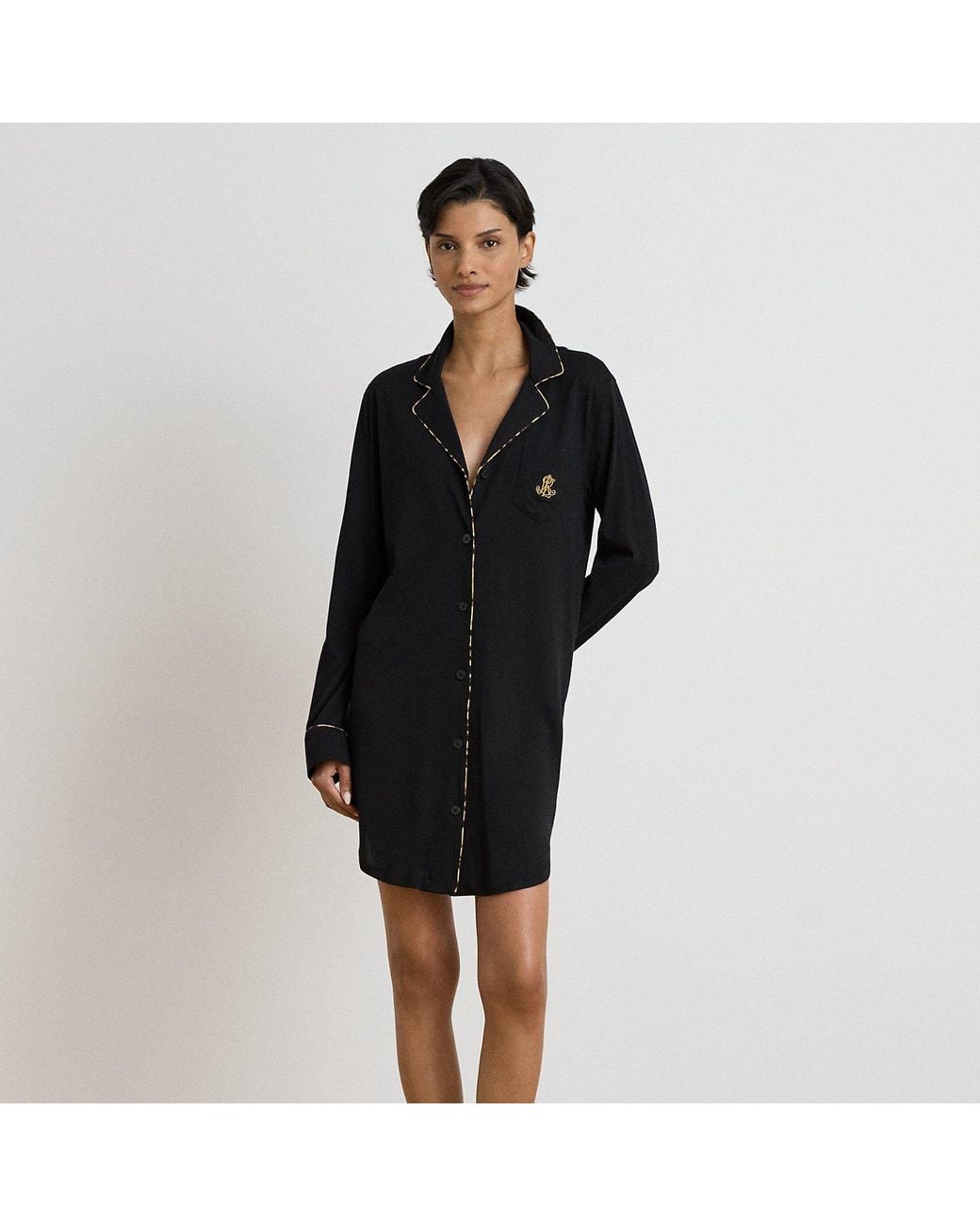 Ralph Lauren Black Leopard-Print-Trim Jersey Sleep Shirt