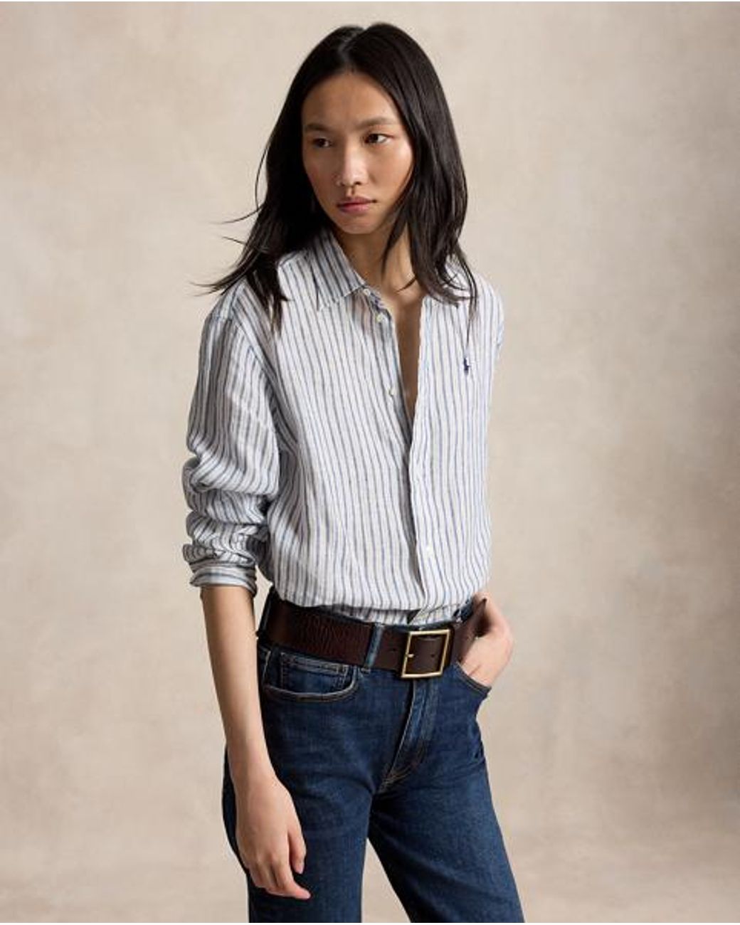 Polo Ralph Lauren Blue Wide Cropped Gingham Linen Shirt