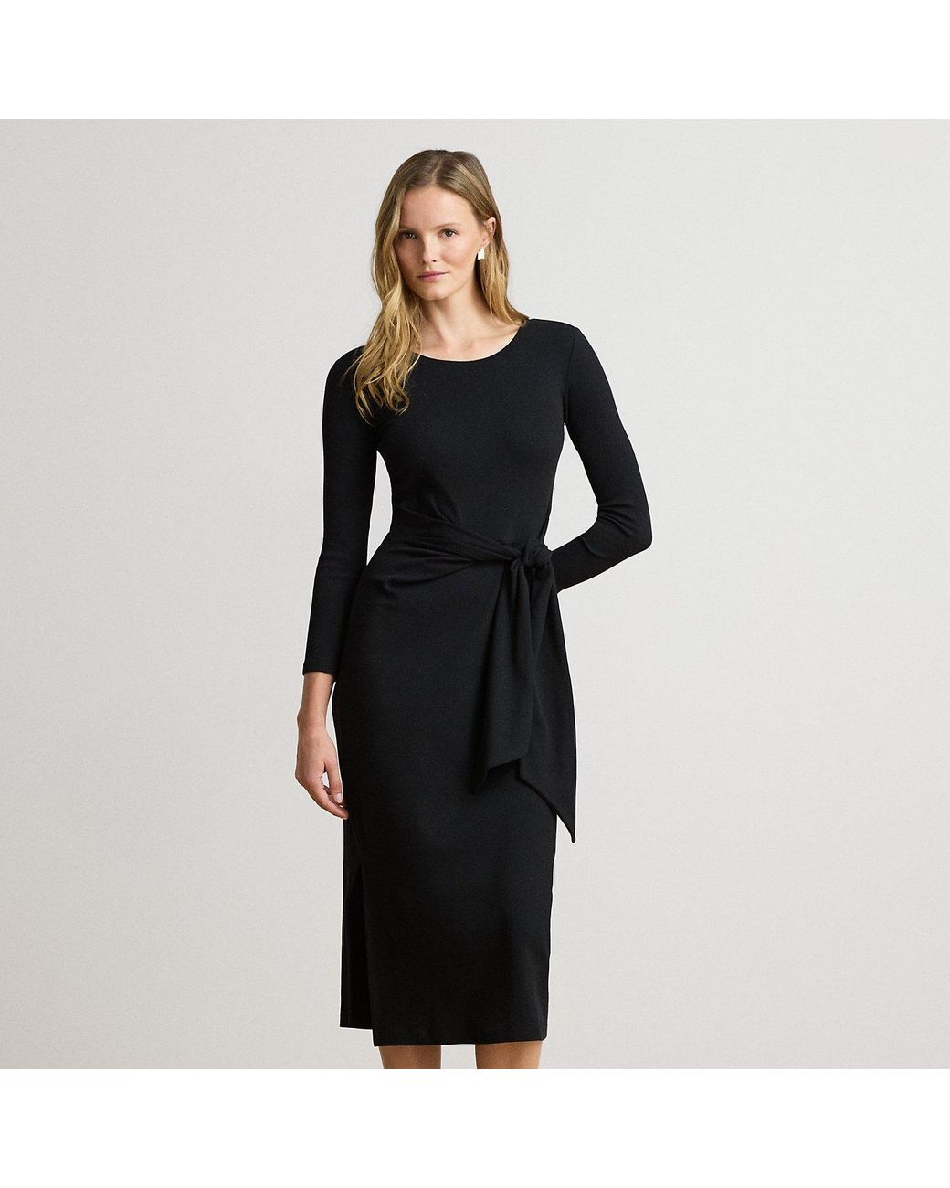 Ralph Lauren Black Tie-Front Cotton-Blend Crewneck Dress