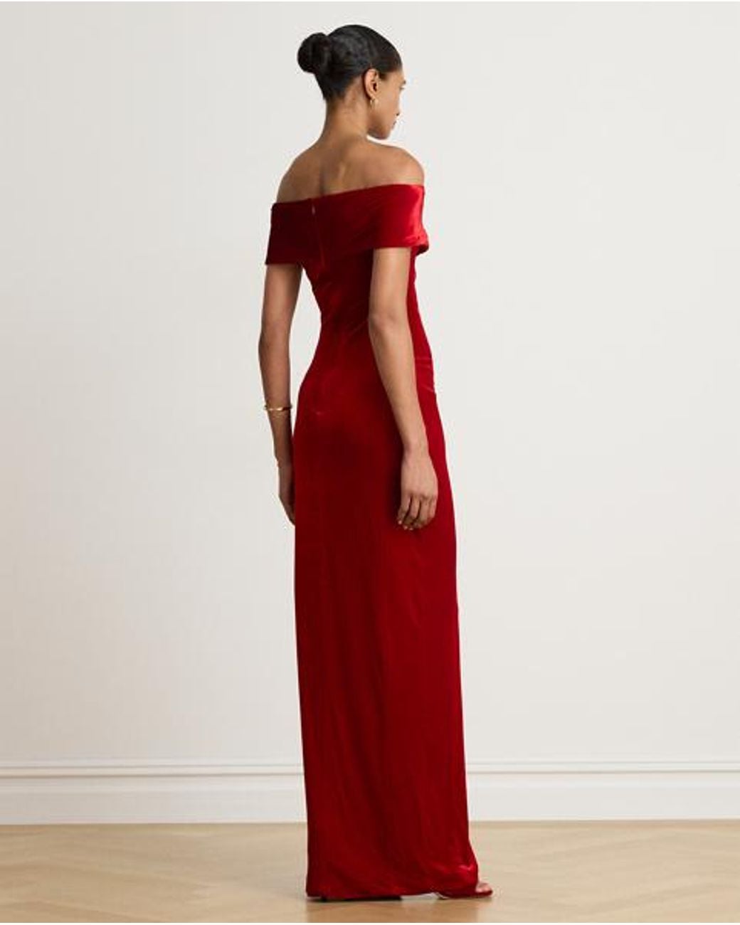 Ralph Lauren Red Stretch Velvet Off-The-Shoulder Gown