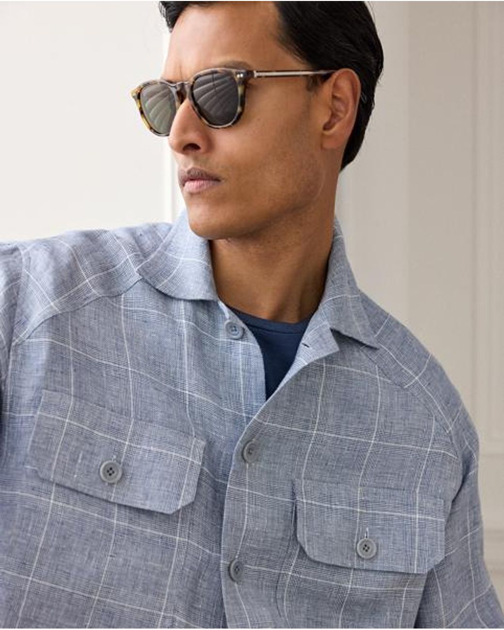 Ralph Lauren Blue Linen Windowpane Shirt for men