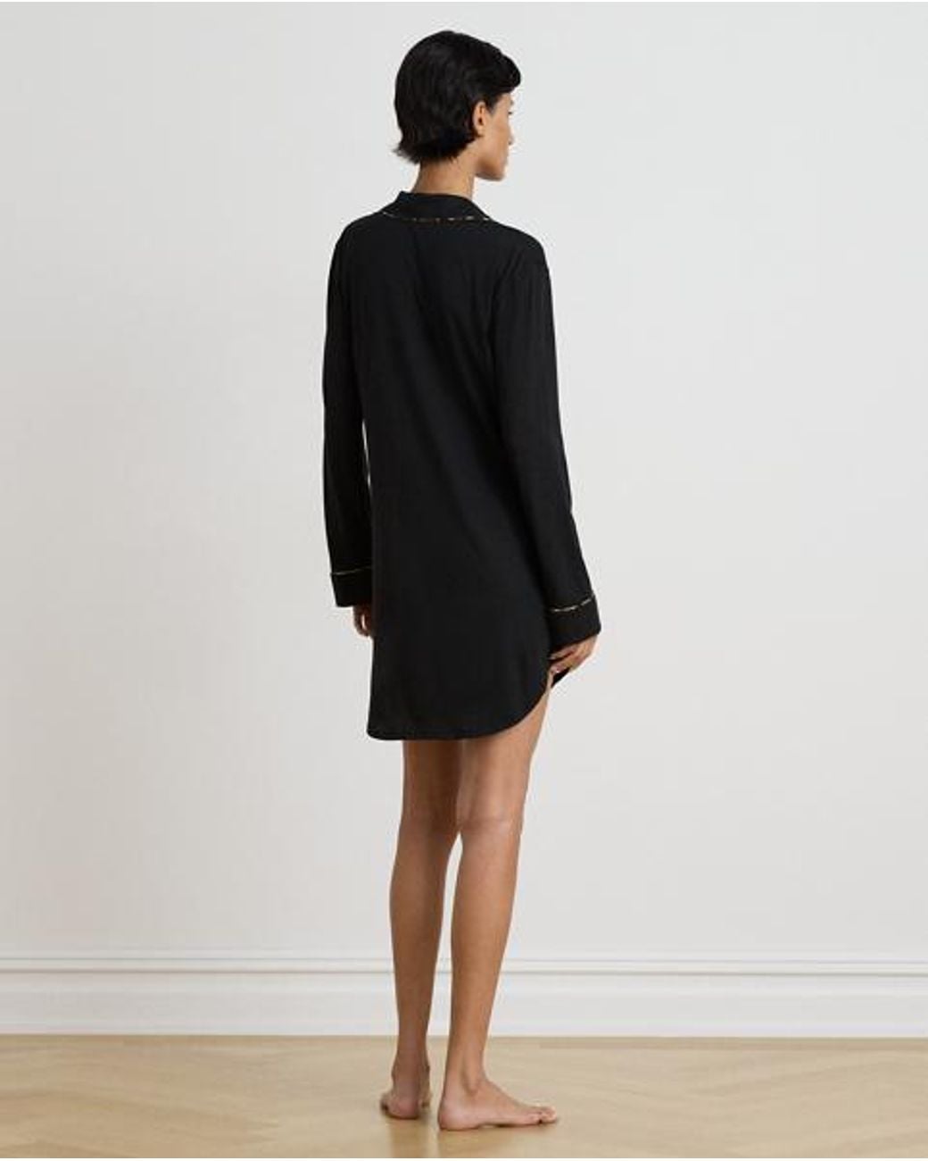 Ralph Lauren Black Leopard-Print-Trim Jersey Sleep Shirt