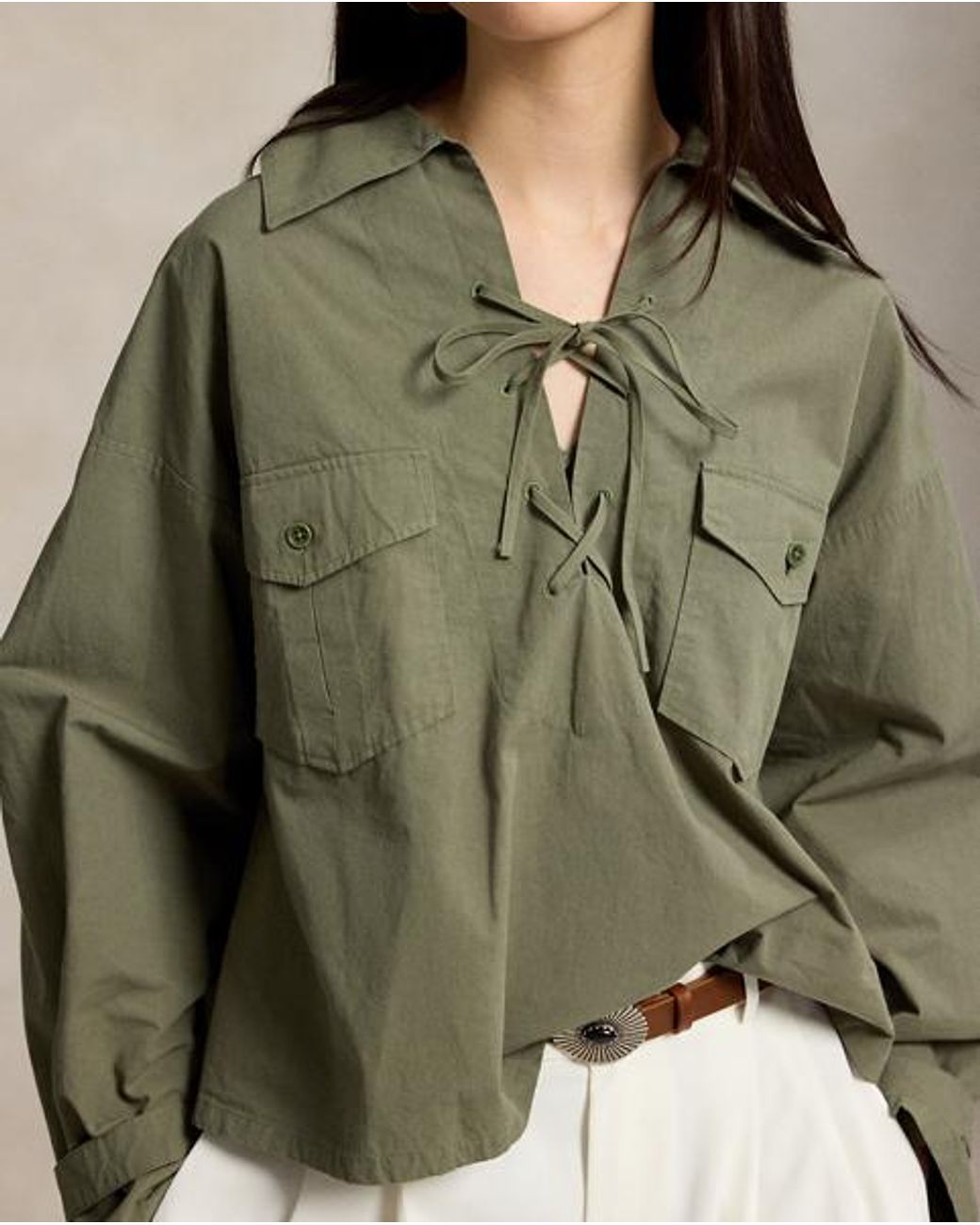 Ralph Lauren Green Lace-Up Cotton Shirt