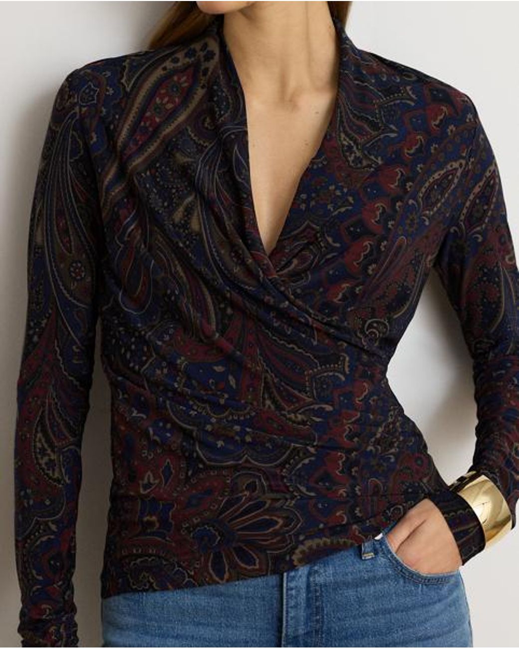 Ralph Lauren Black Paisley Stretch Jersey Surplice Top
