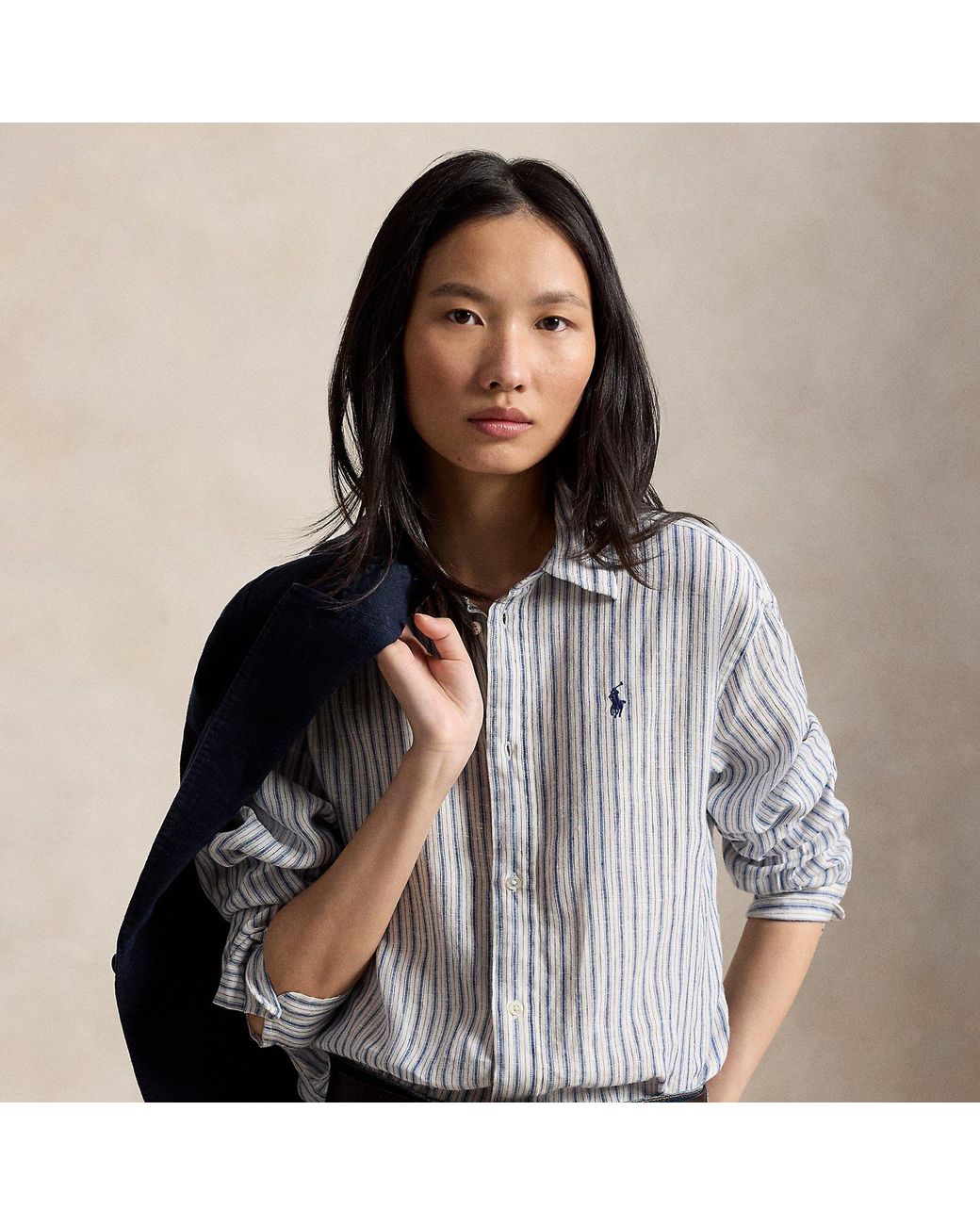 Polo Ralph Lauren Blue Wide Cropped Gingham Linen Shirt