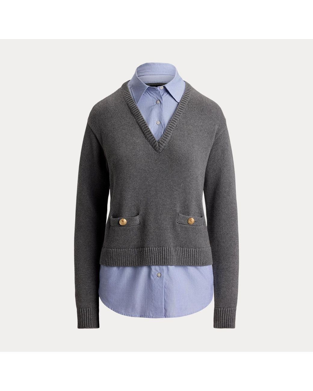 Ralph Lauren Gray Layered Button-Trim Heathered Jumper