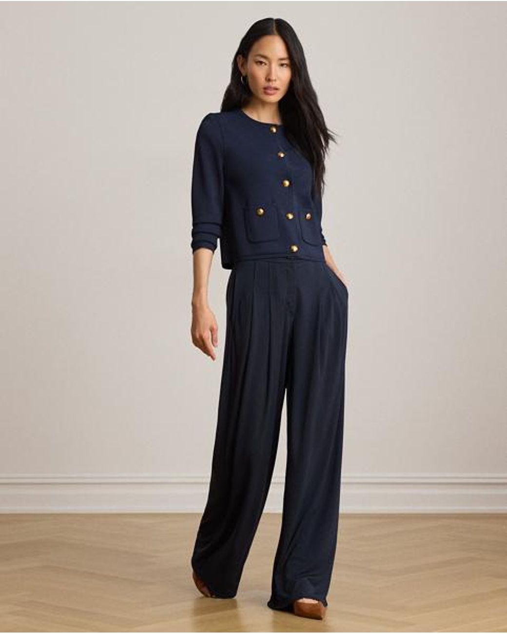 Ralph Lauren Blue Pleated Stretch Jersey Wide-Leg Trousers