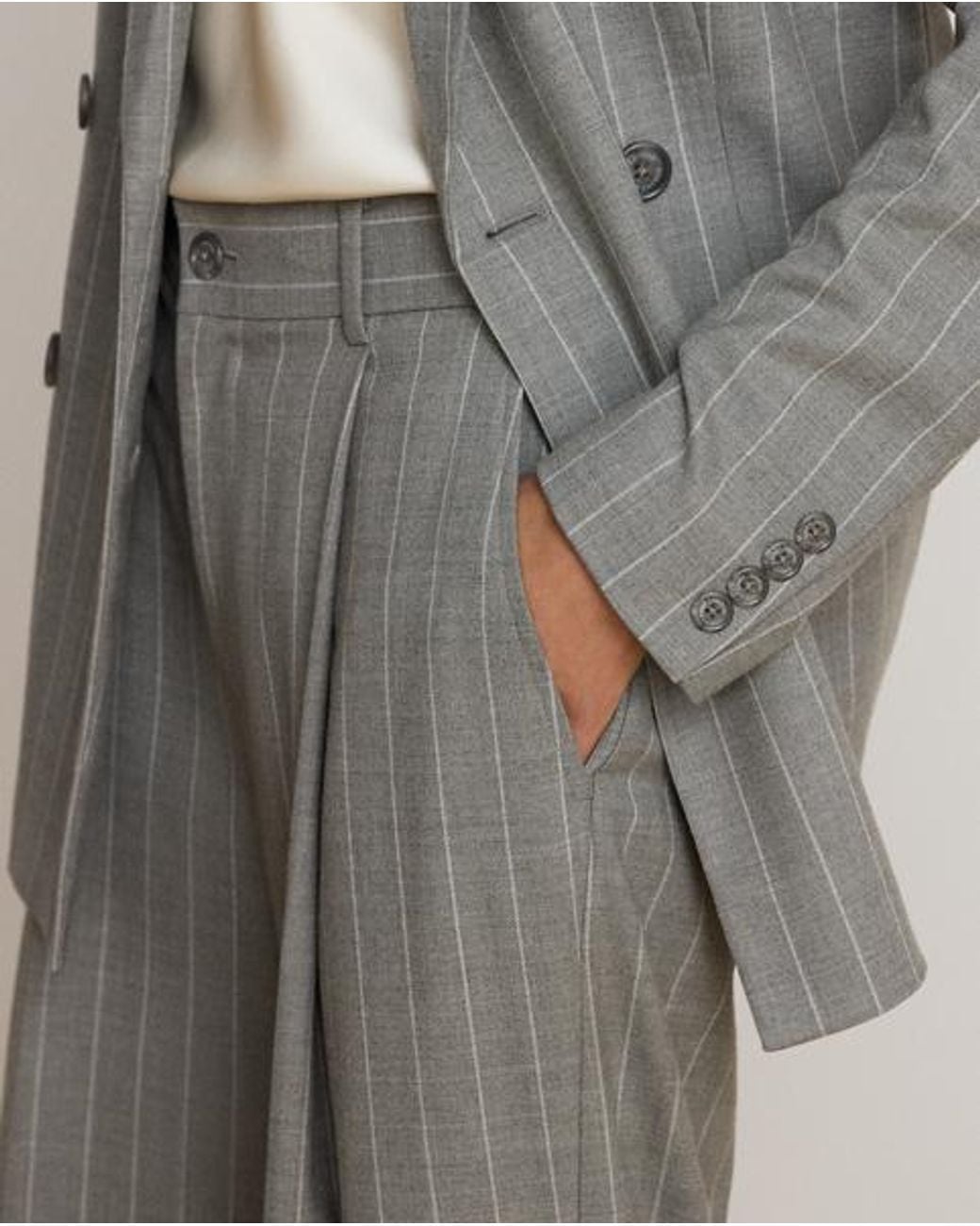 Ralph Lauren Gray Wide-Leg Pinstripe Twill Trousers