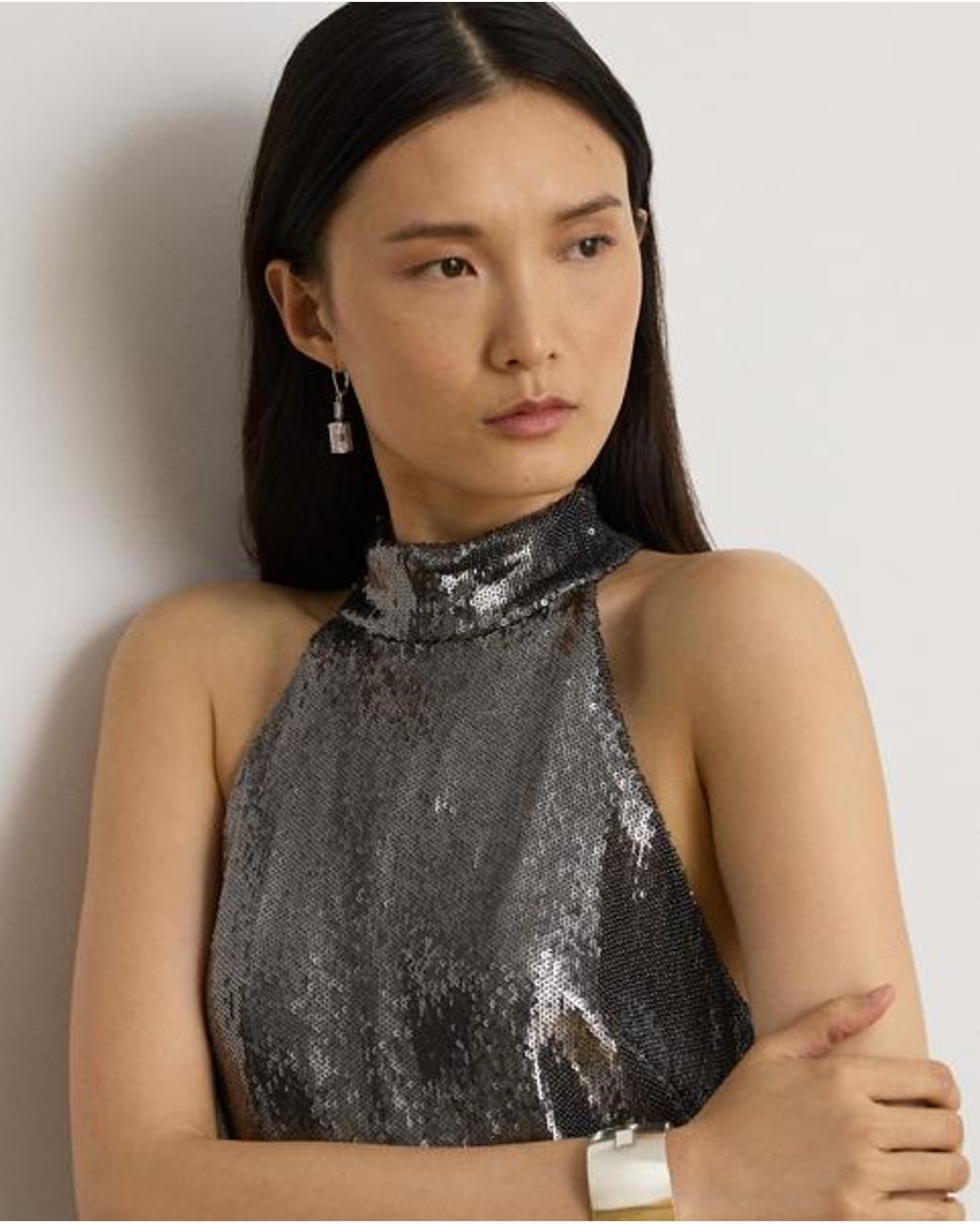 Ralph Lauren Multicolor Sequined Tulle Mockneck Cocktail Dress
