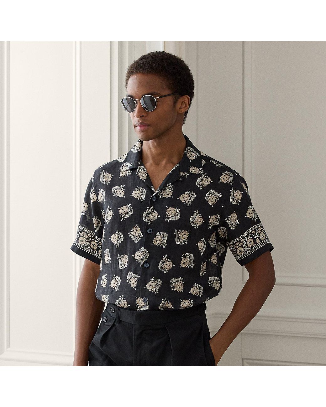 Ralph Lauren Black Printed Linen Camp Shirt for men