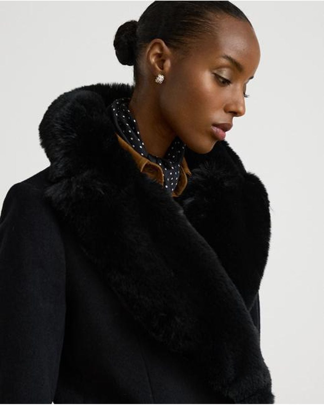 Ralph Lauren Black Faux-Fur-Trim Double-Breasted Coat