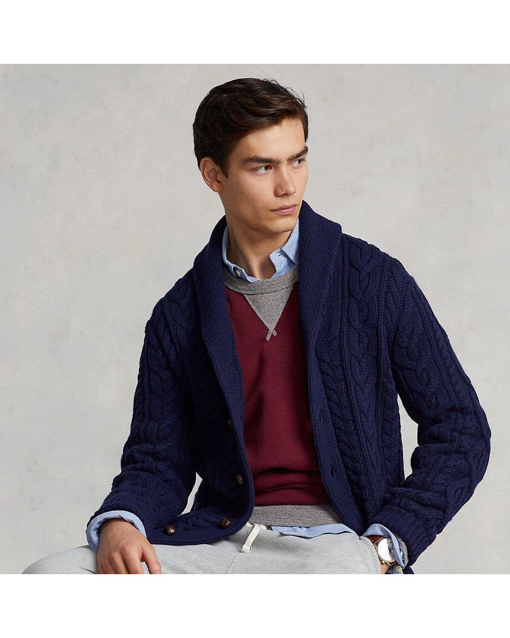 Ralph Lauren Aran-knit Wool-cashmere Shawl Cardigan in Blue for Men | Lyst
