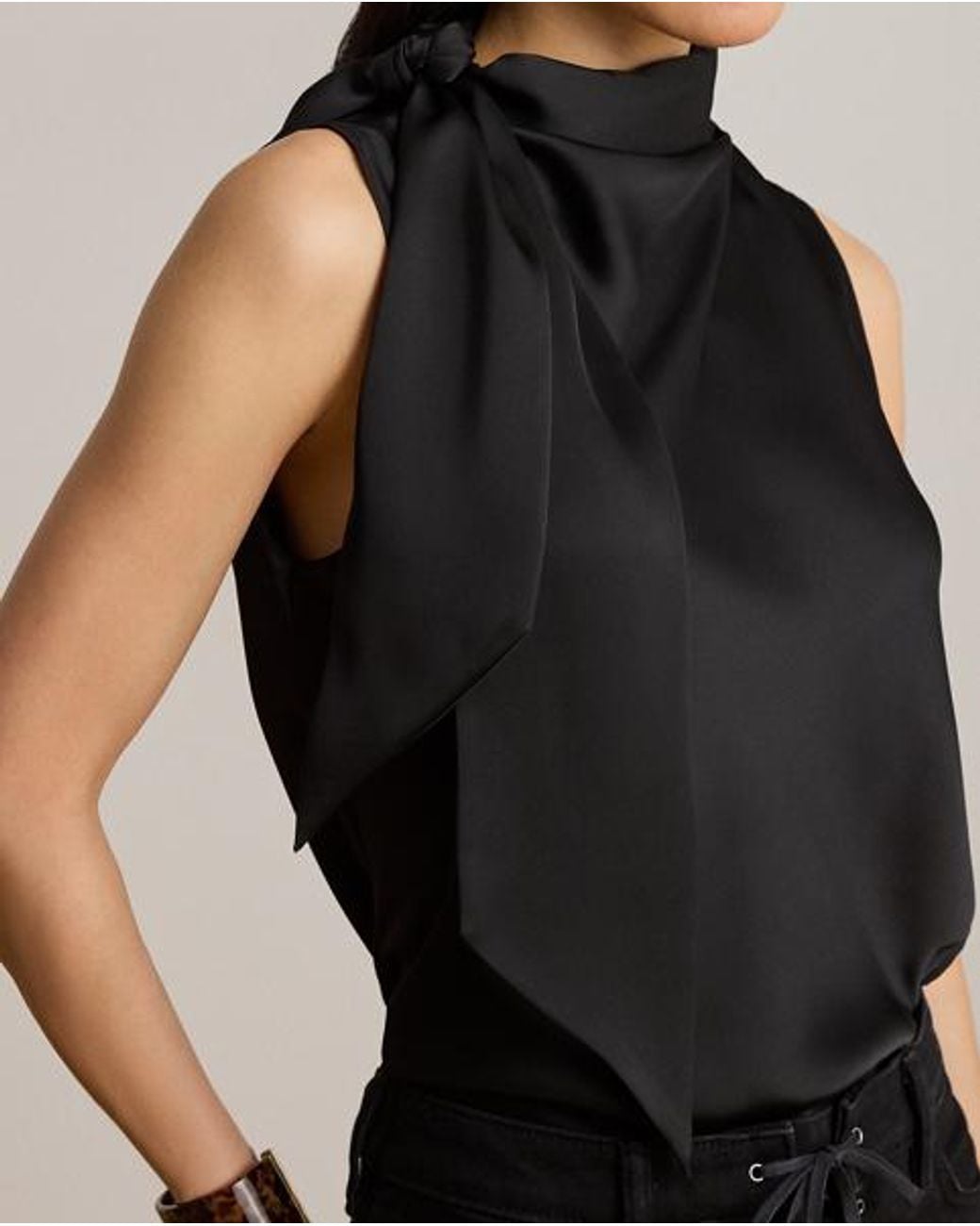 Ralph Lauren Black Ralph Tie-Neck Charmeuse Sleeveless Blouse