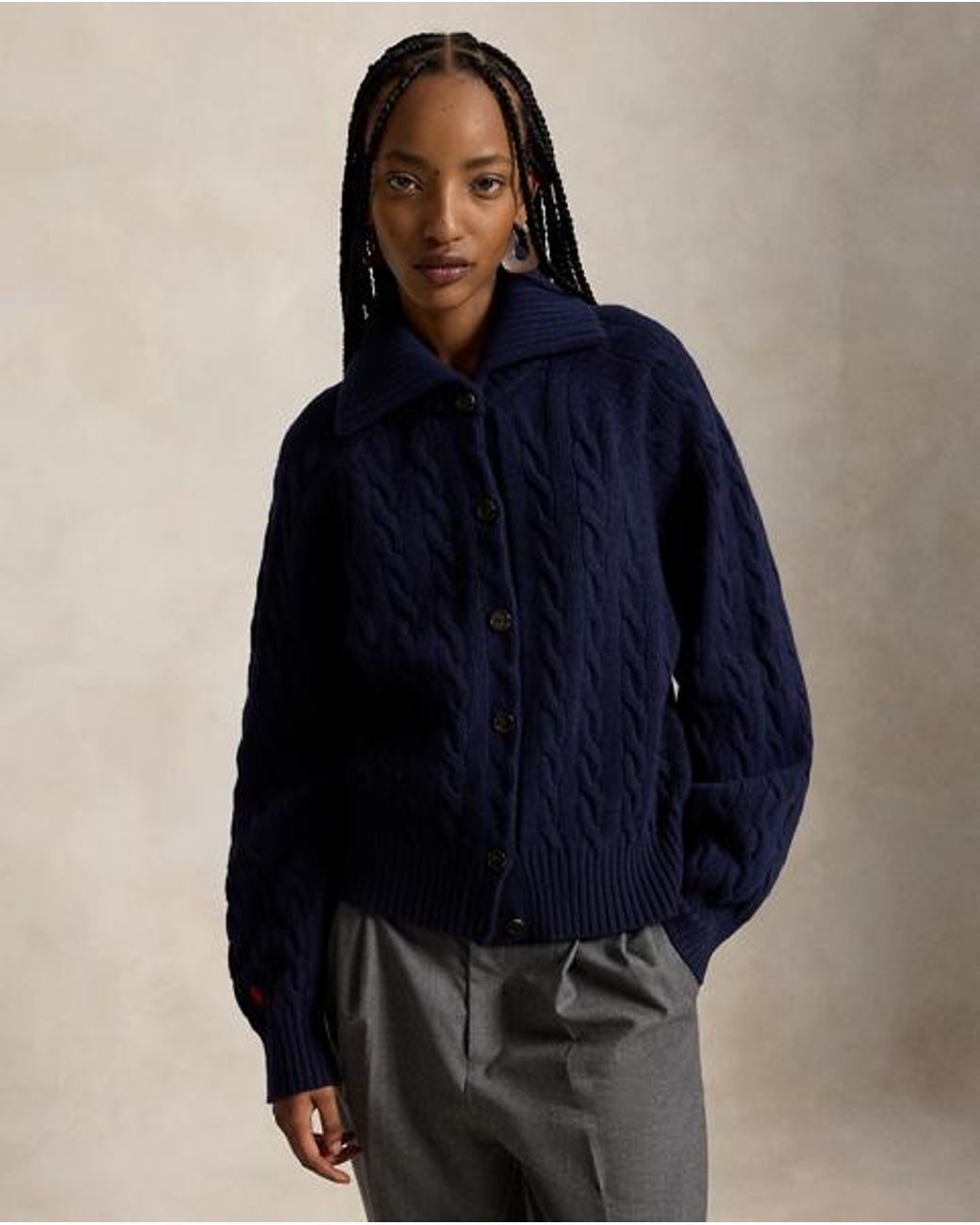 Polo Ralph Lauren Blue Cable Wool-Cashmere Collared Cardigan