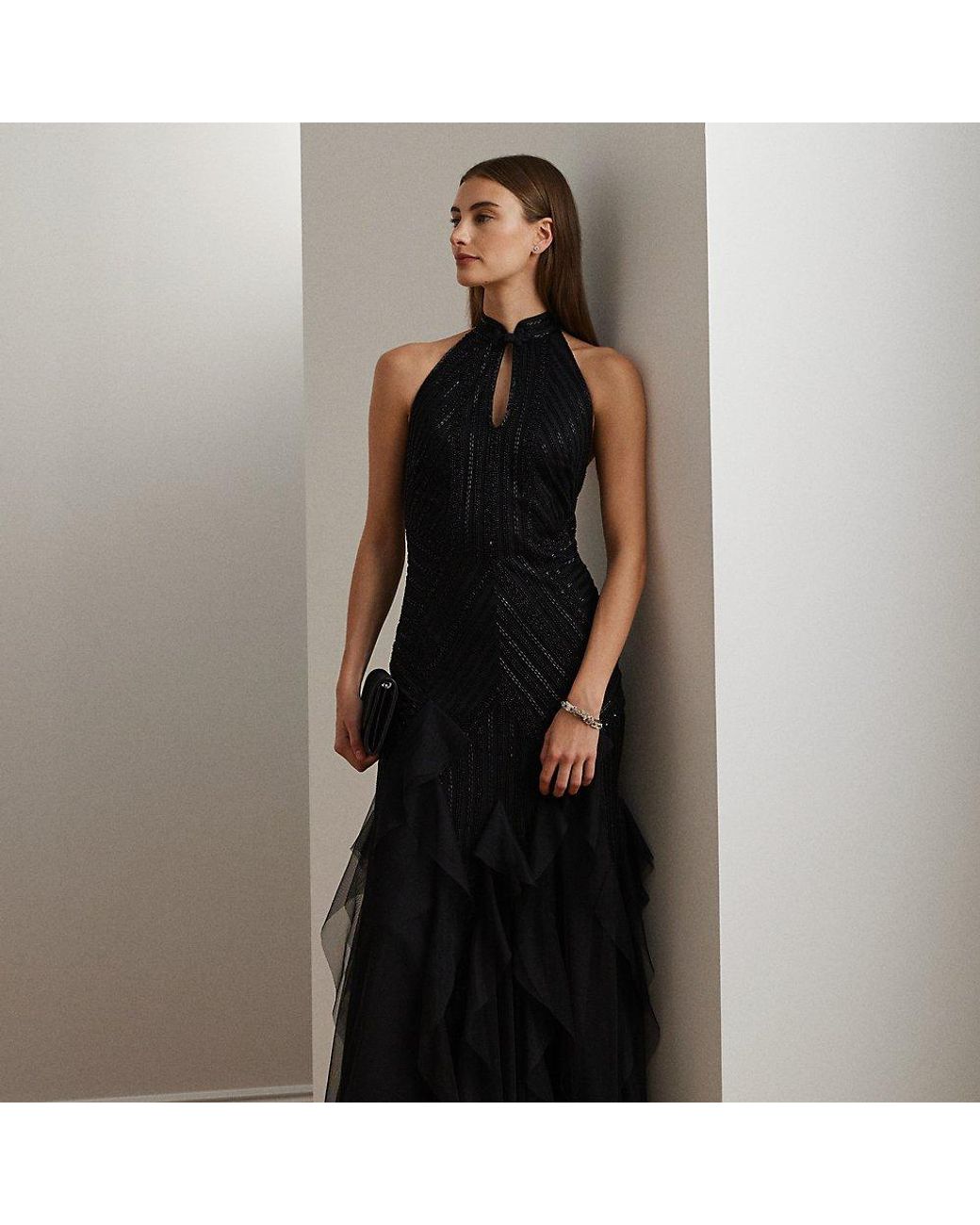 Ralph Lauren フォーマルドレス BEADED HALTER BLACK Lauren Ralph Lauren RUFFLE-TRIM BEADED MESH HALTER GOWN