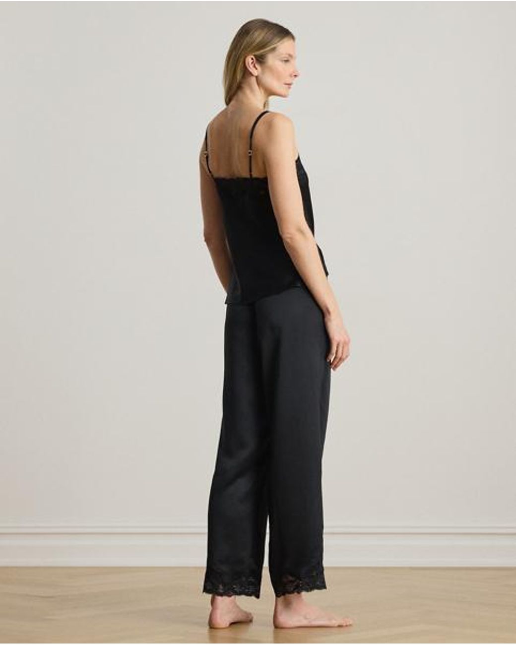 Ralph Lauren Black Lace-Trim Satin Double-Strap Cami Pj Set
