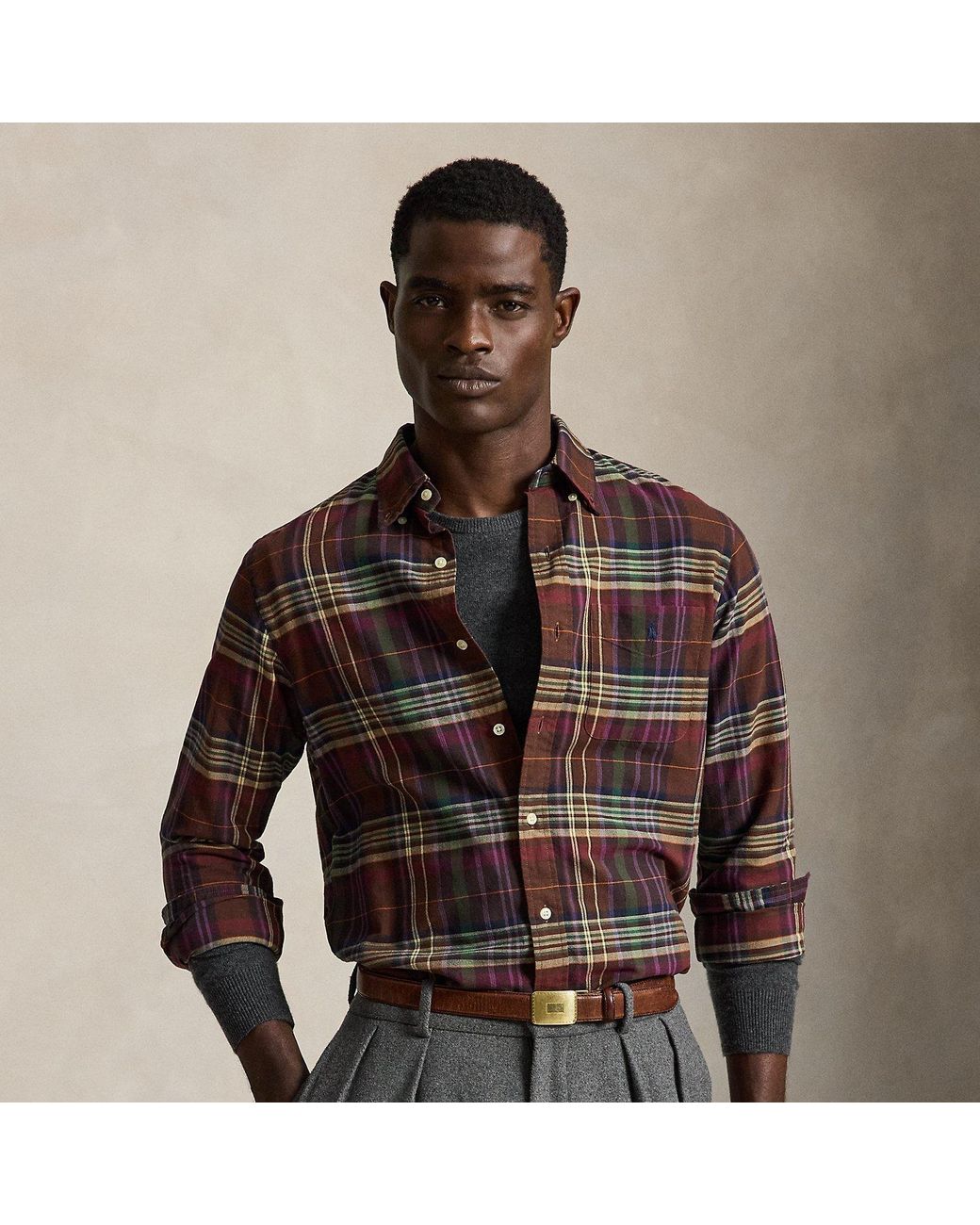 Polo Ralph Lauren Brown Custom Fit Plaid Oxford Shirt for men